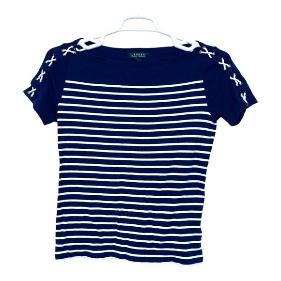 Ralph Lauren Blue Stripes T Shirt Size Large Lace‎ Up Tie Shoulders L - Picture 1 of 7